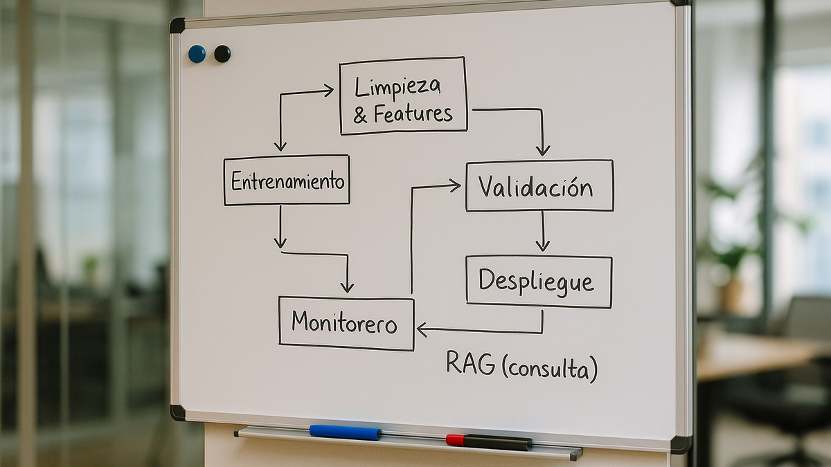 Esquema de Machine Learning y RAG en pizarra, dentro de una oficina