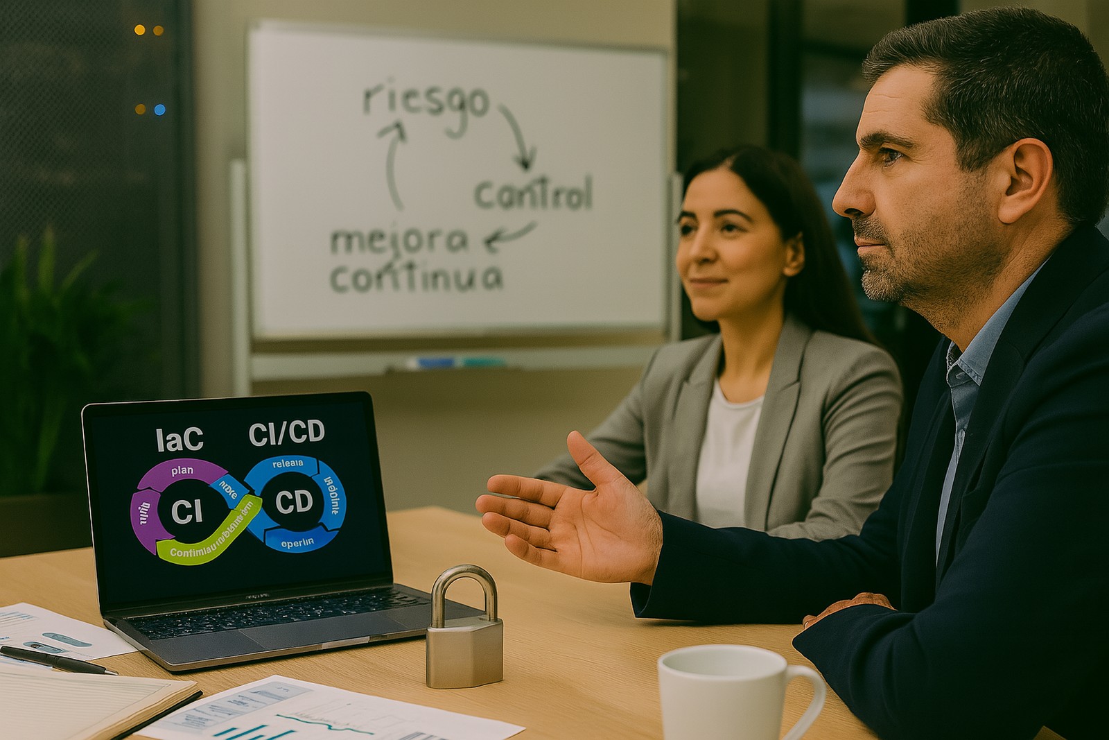 Arquitectura Cloud: equipo trabajando con IaC y CI/CD en entorno de oficina