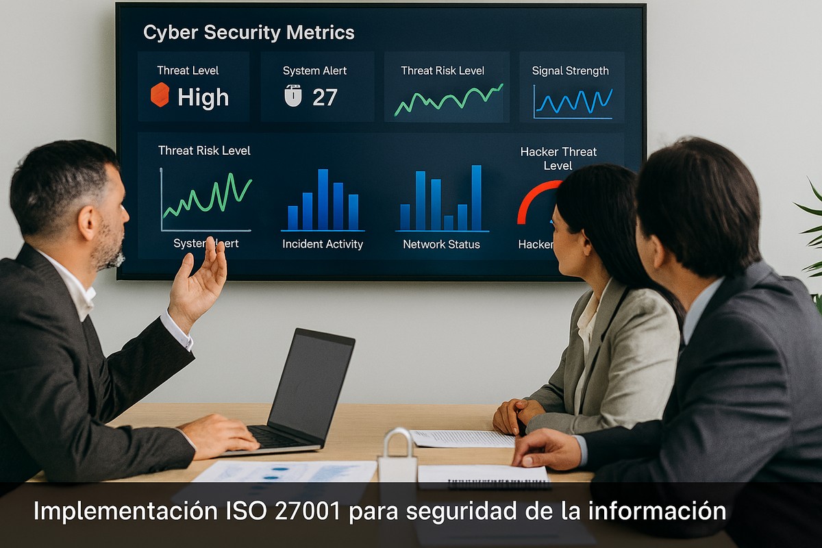 Equipo chileno de consultores revisando métricas de ciberseguridad en pantalla grande